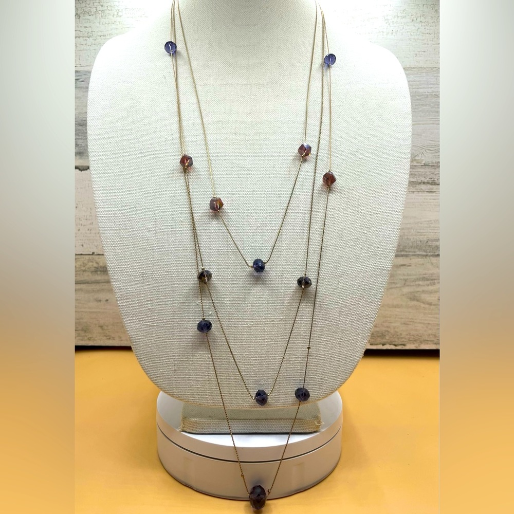 Simple Unsigned Multi Layer Gold Tone Floating Glass Crystal Purple Necklace
